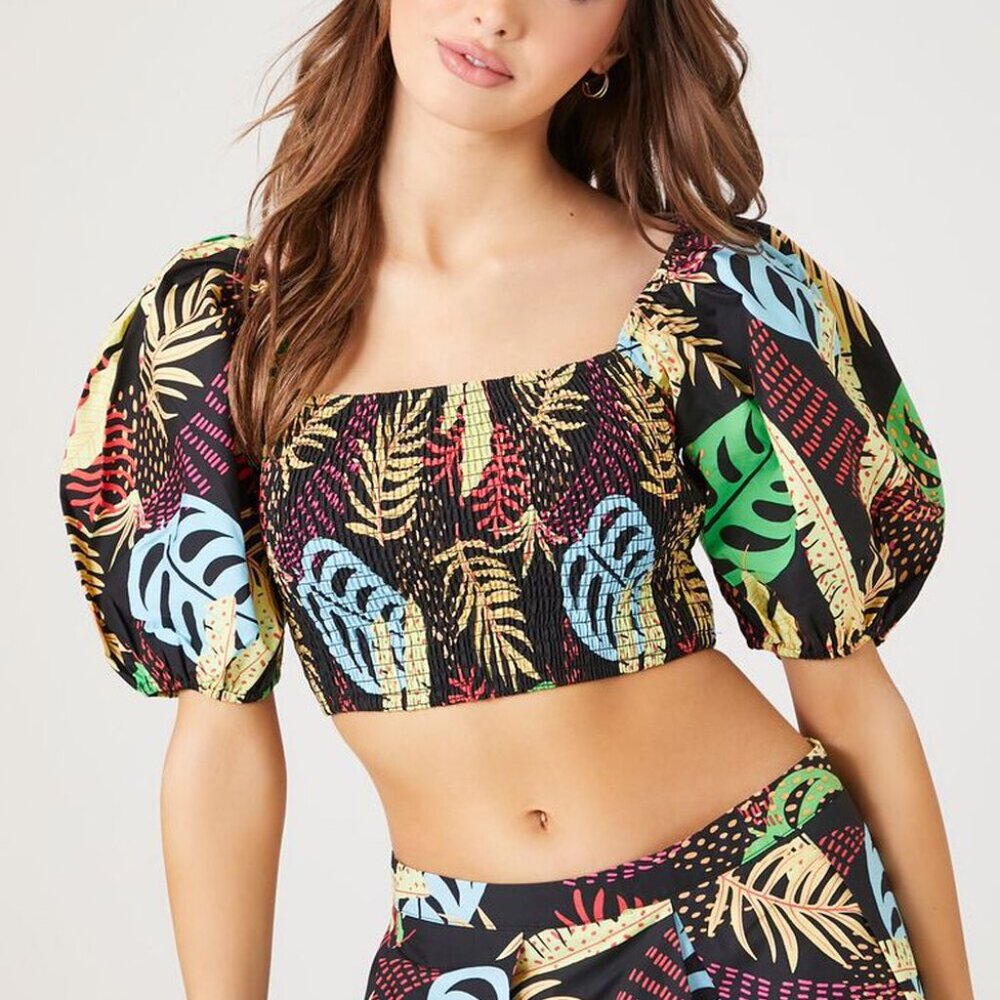 Forever 21 Tropical Print Puff-Sleeve Crop Top Size S Multicolor NWT NEW
